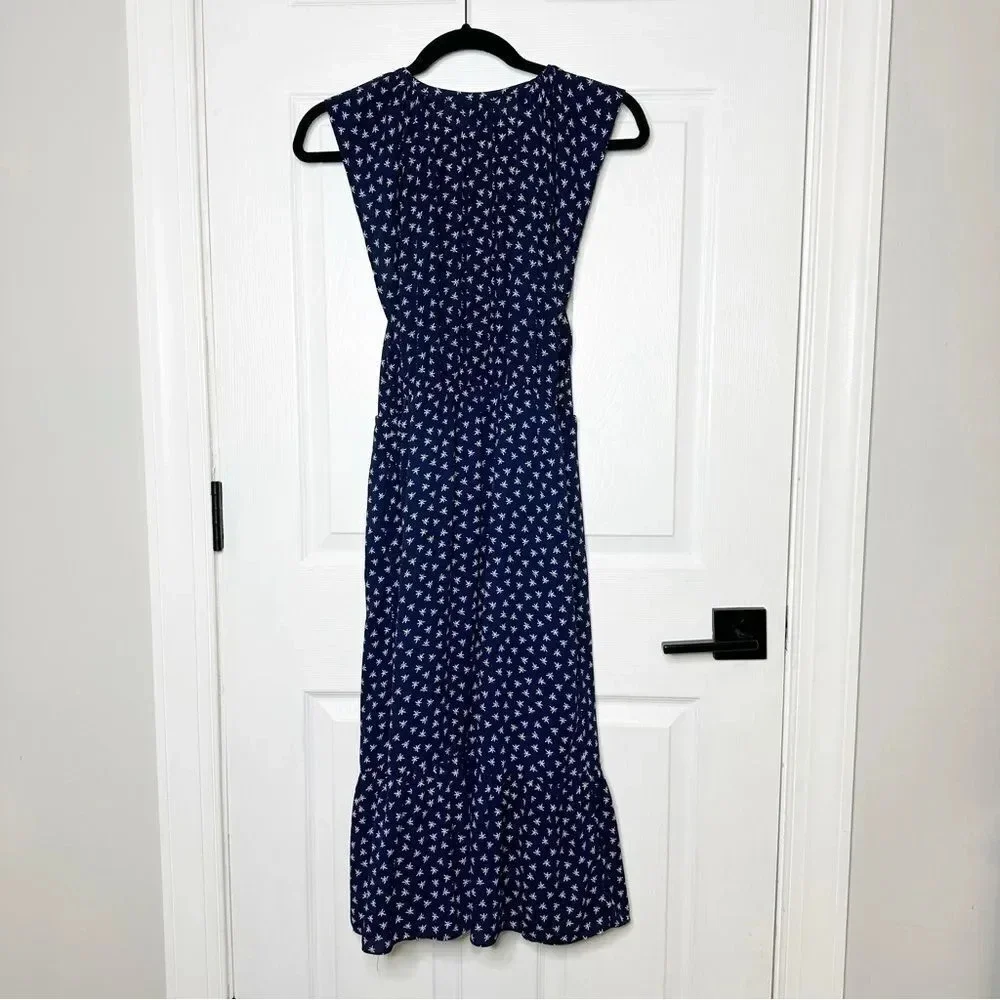 J. CREW Navy Midi Dress Navy White Dragonfly Cap Sleeve Size XS - Picture 10 of 11